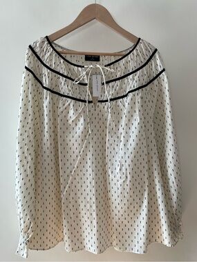 Lane Bryant Ivory Blouse with Black Clip Dot Design and Trim Size 22